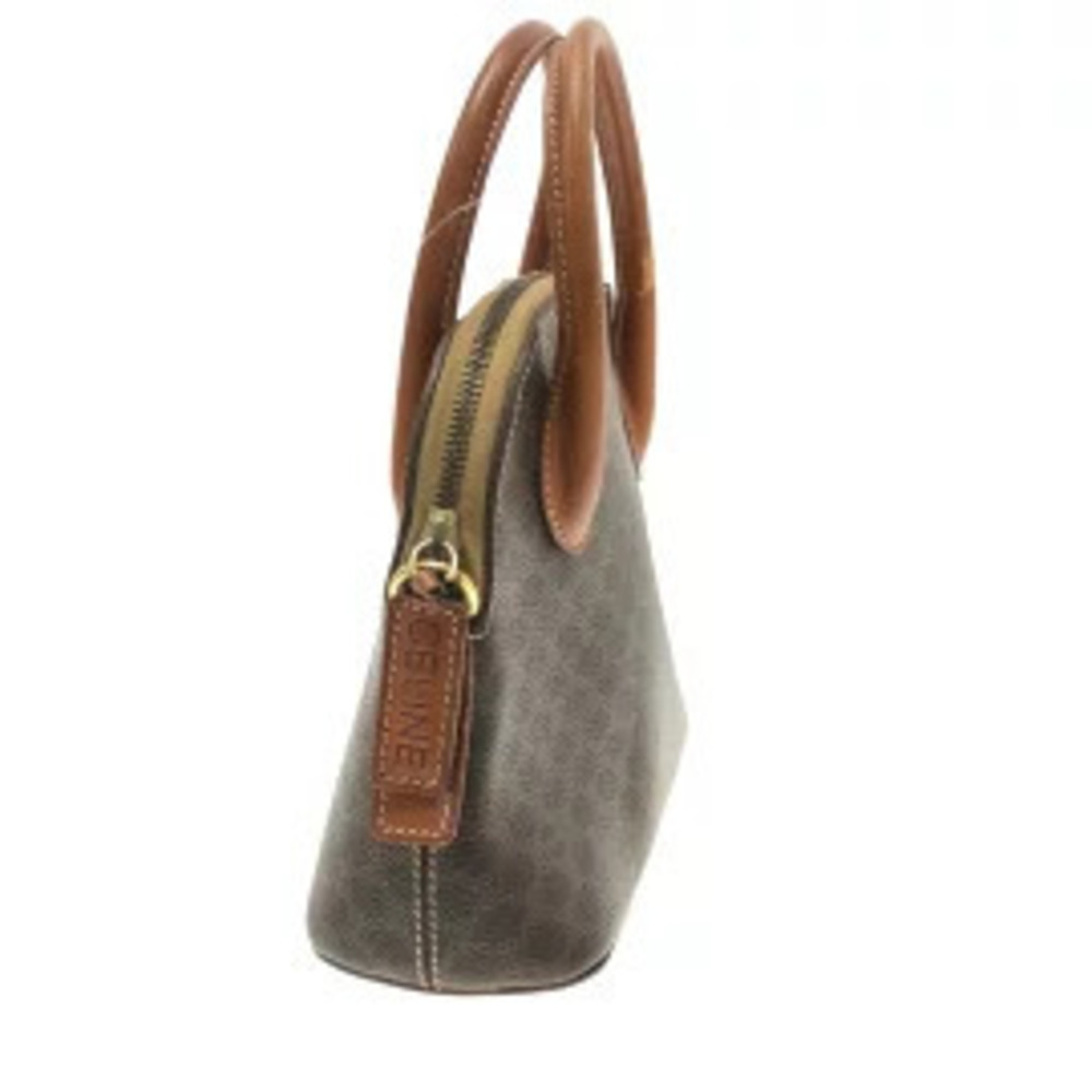 Celine Macadam Handbag Dark Brown Beige Polyvinyl Chloride Leather